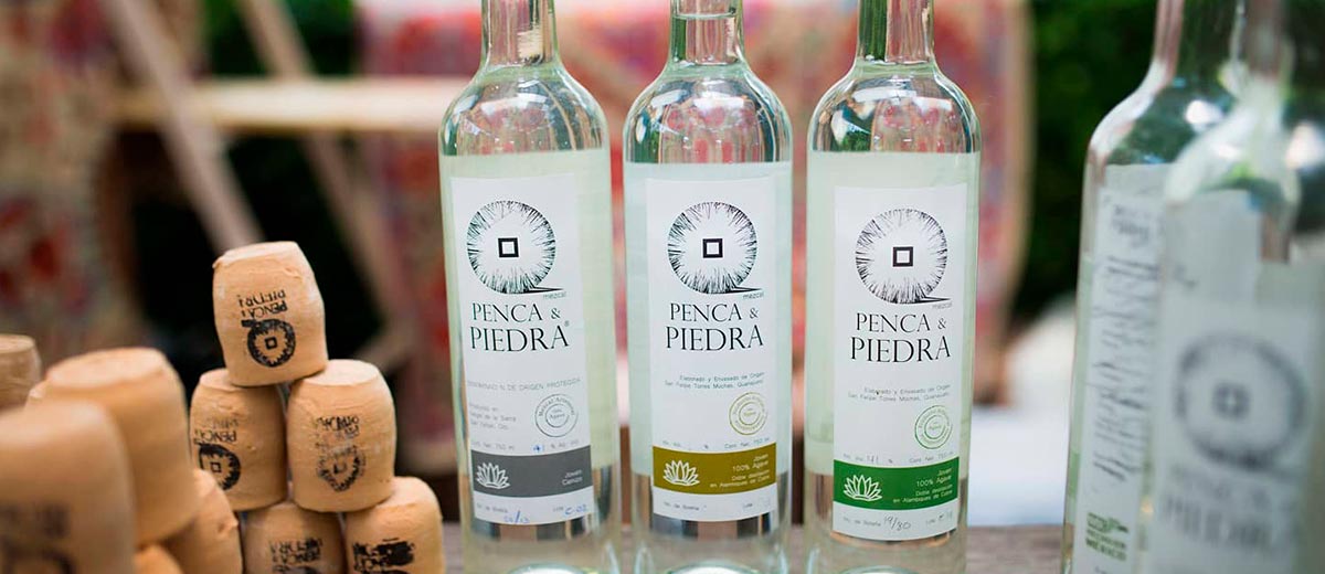Botellas de produción de mezcal penca y piedra